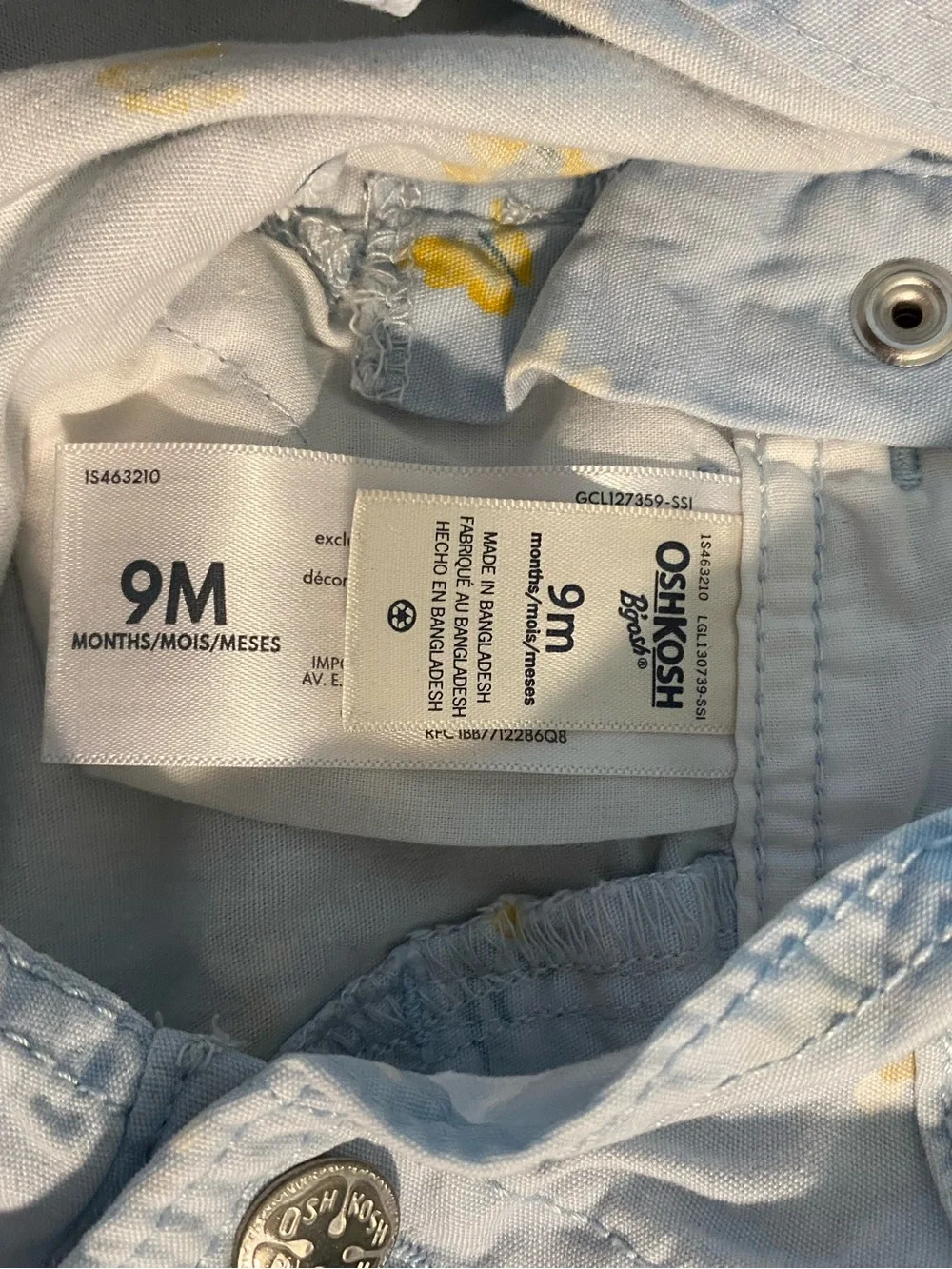 OshKosh B'gosh Light Blue Floral Short Overalls with Yellow Accents